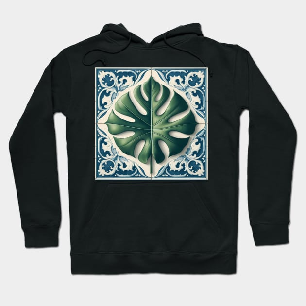 Classic Delft Tile With Monstera Leaf No.1 Hoodie by artnook